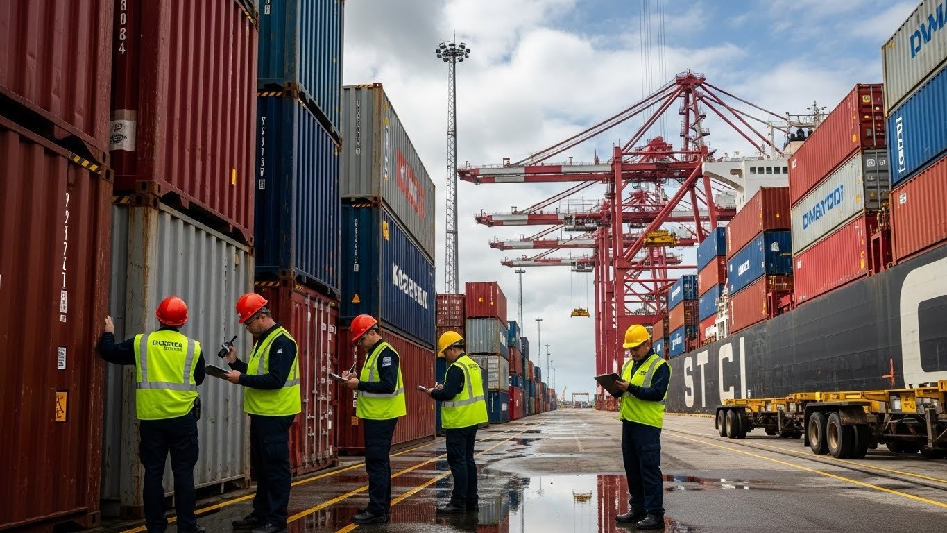 Workers in high-visibility vests and hard hats inspecting shipping containers at a bustling port, symbolizing the global export of DB Horse Stable's equipment.