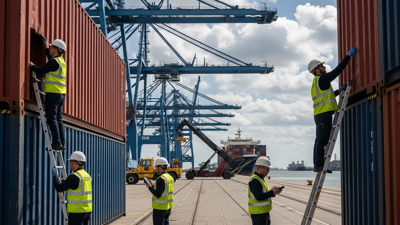 Workers in high-visibility vests and hard hats inspecting shipping containers at a bustling port, symbolizing the export of durable horse stable equipment like stalls, panels, and feeders.