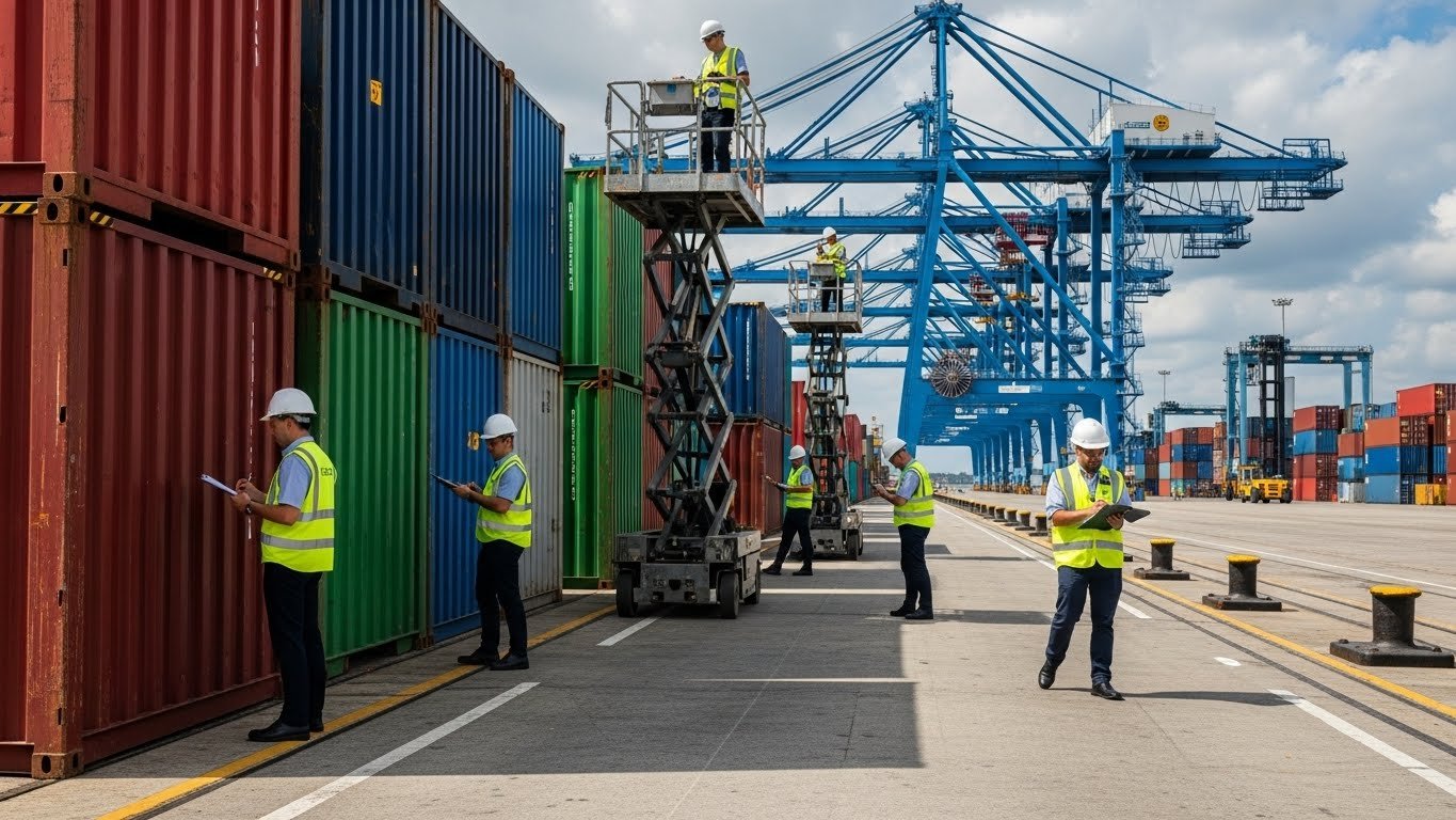 Workers in safety vests and hard hats inspecting containers at a bustling port, symbolizing reliable logistics for exporting horse stable equipment like stalls, panels, and feeders.
