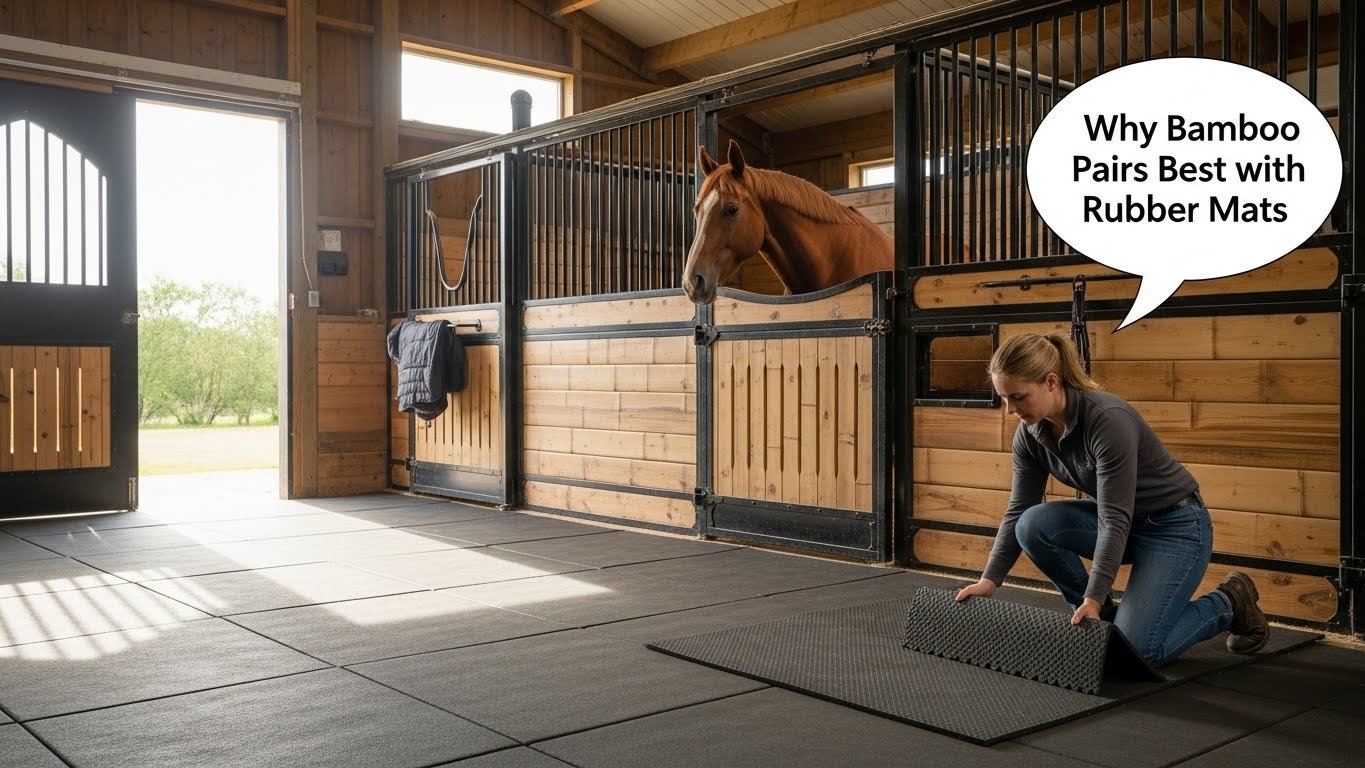 A woman installs rubber mats in a horse stable while a brown horse looks out from its stall, highlighting the benefits of pairing bamboo with rubber mats for stable flooring.