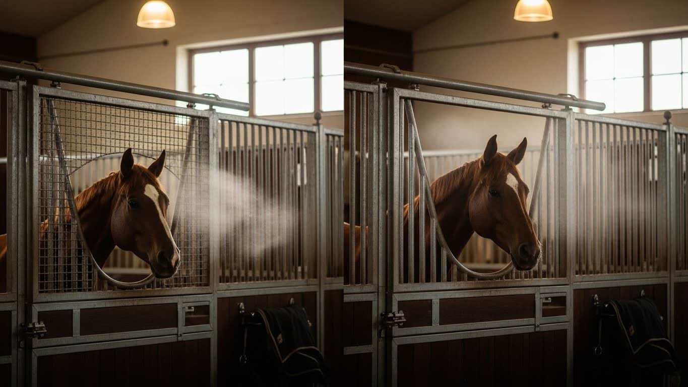 A brown horse with a white blaze stands calmly inside a stable stall, enclosed by galvanized steel bars and mesh panels, with soft lighting illuminating the space.