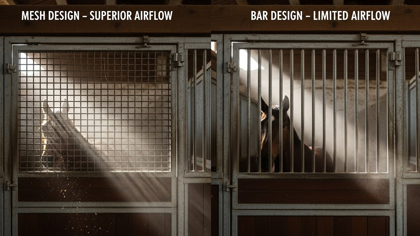 A side-by-side comparison of two horse stall designs: a mesh design offering superior airflow and a bar design with limited airflow, both featuring horses inside the stalls.