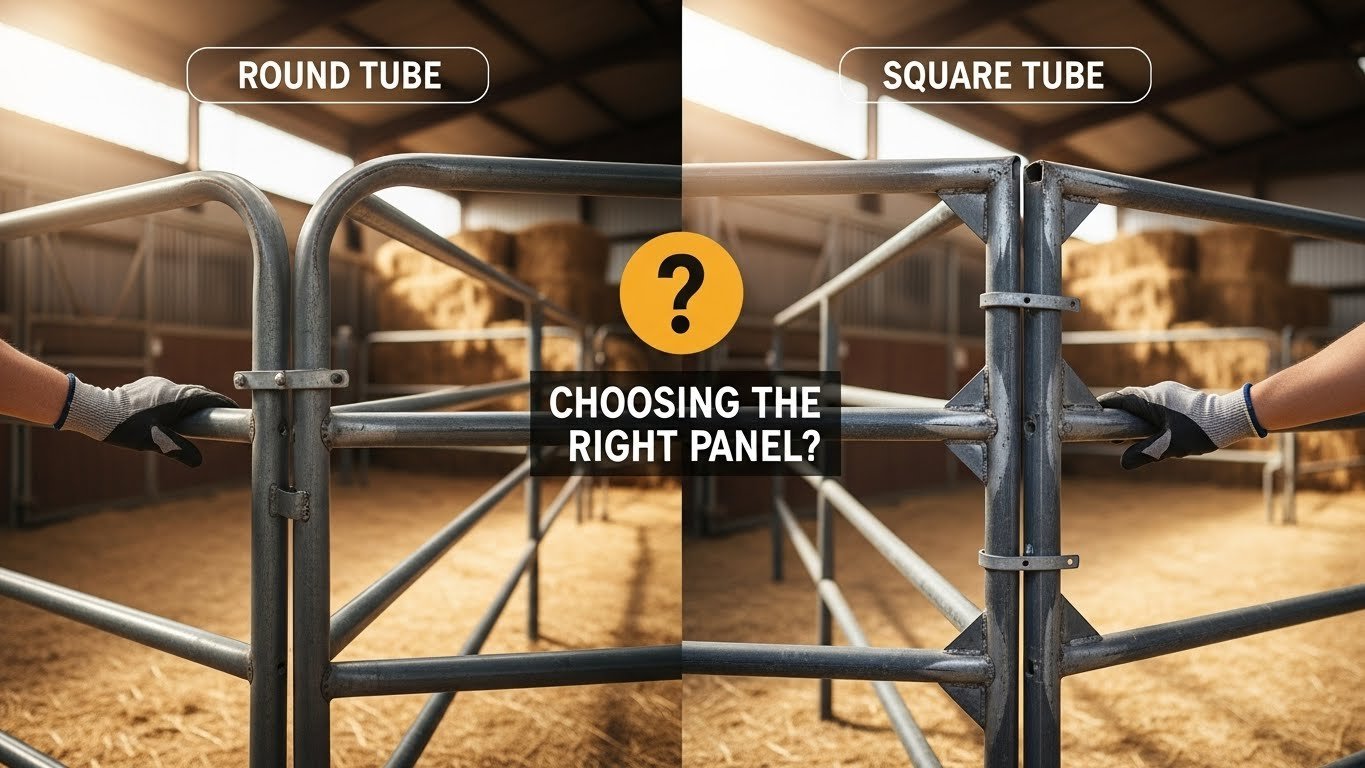 A split image comparing round tube and square tube stable panels, with a person in gloves holding each type, set in a horse stable environment with hay bales in the background.