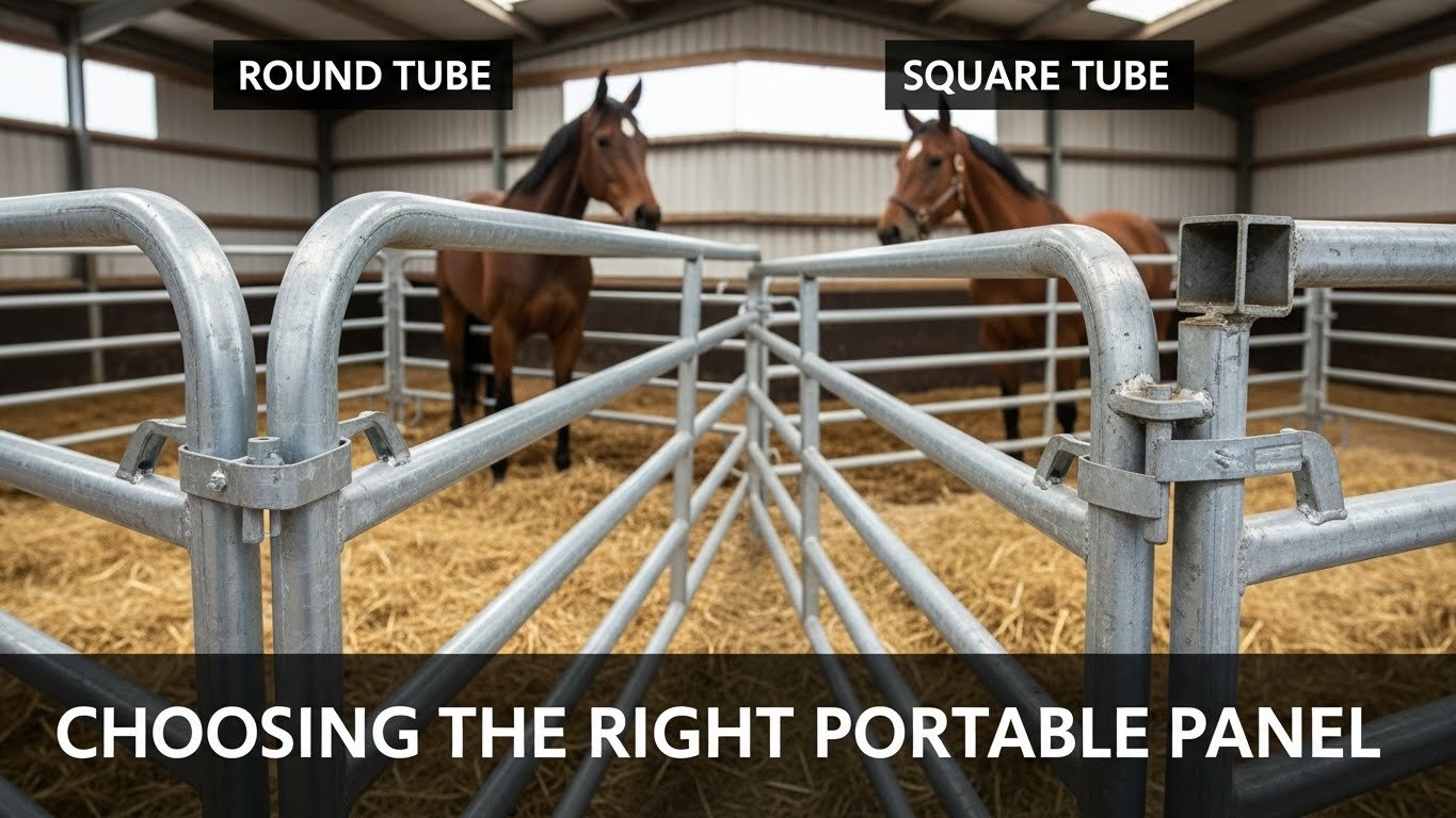 Two horses in a stable behind portable panels made of round and square tubes, showcasing options for horse stall equipment.