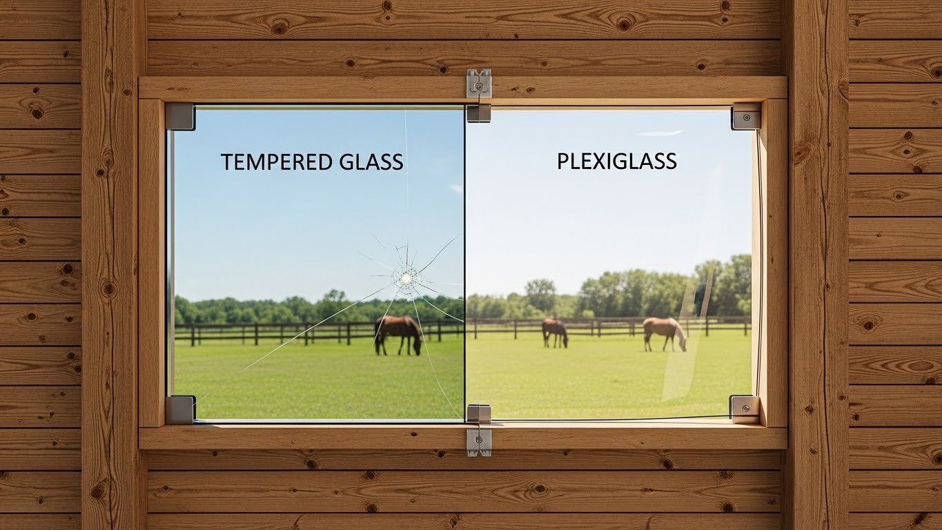 A window comparison showing tempered glass with cracks on the left and clear plexiglass on the right, both set in a wooden frame with a view of horses grazing in a field.