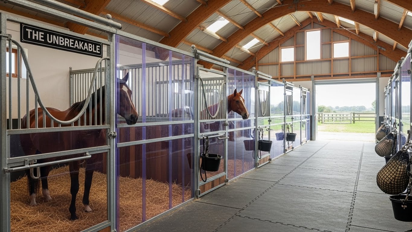 A well-lit stable with modern horse stalls featuring galvanized steel frames and transparent panels, housing two horses in a clean environment with hay on the floor and feeding buckets attached.