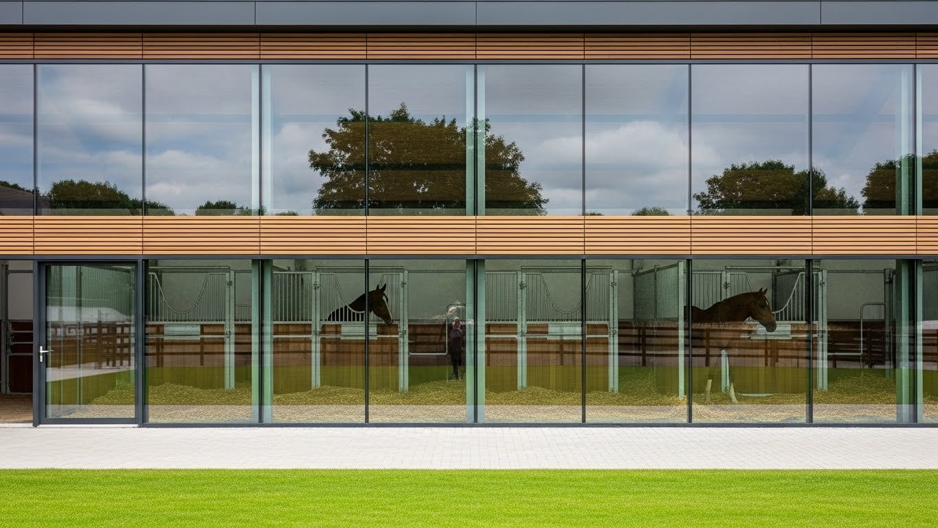 A contemporary horse stable with large glass windows showcasing sleek, galvanized steel stalls and panels. Horses are visible inside, highlighting the quality and design of the stable equipment.