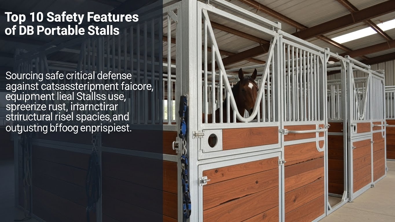 A row of portable horse stalls with galvanized steel frames and wooden panels, featuring a horse peeking through one of the stalls in a well-lit stable environment.