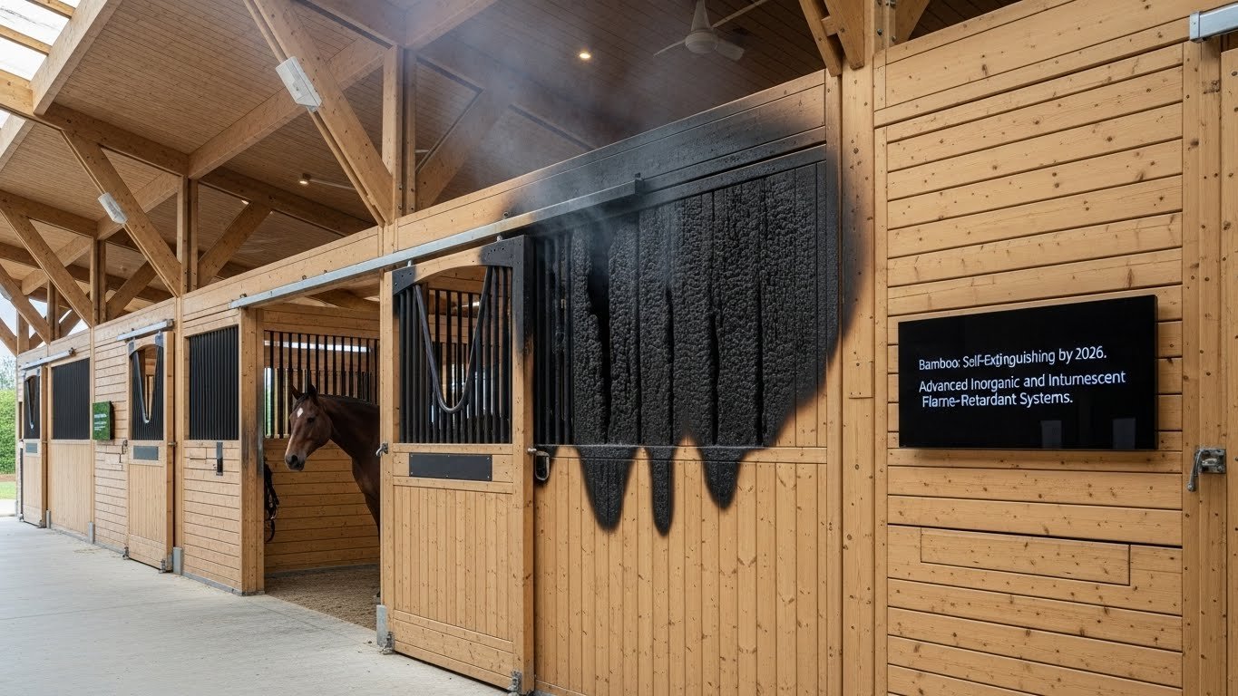 A modern horse stable featuring wooden stalls with fire-resistant bamboo panels, one stall open revealing a brown horse inside.