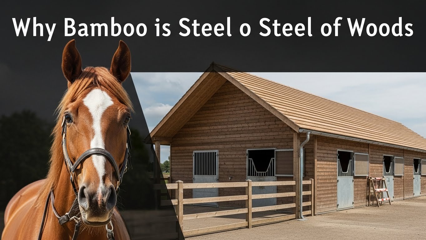 A close-up of a brown horse with a white blaze and a modern wooden stable building, highlighting the use of bamboo as a durable material for horse stall construction.