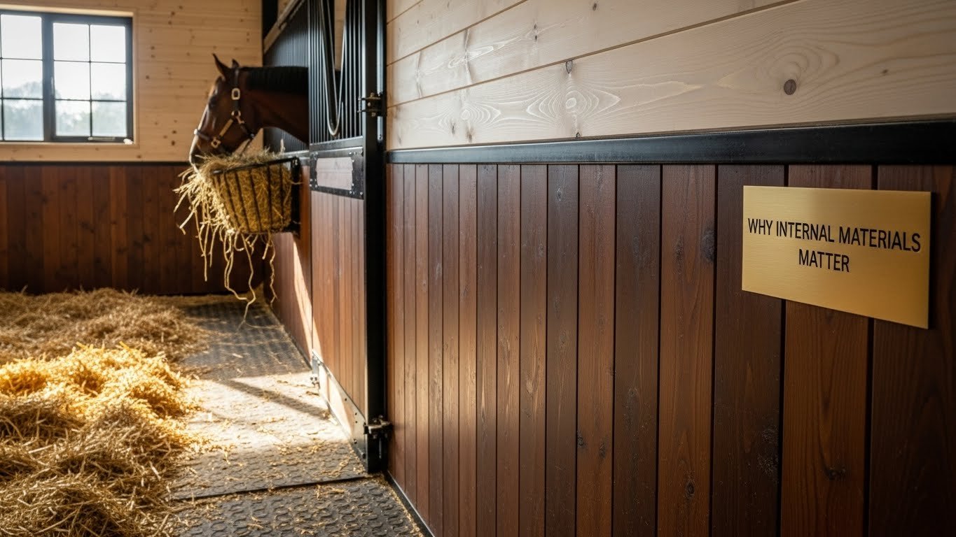 A horse in a modern stable stall with wooden walls and a hay rack, highlighting the importance of quality internal materials for horse comfort and safety.