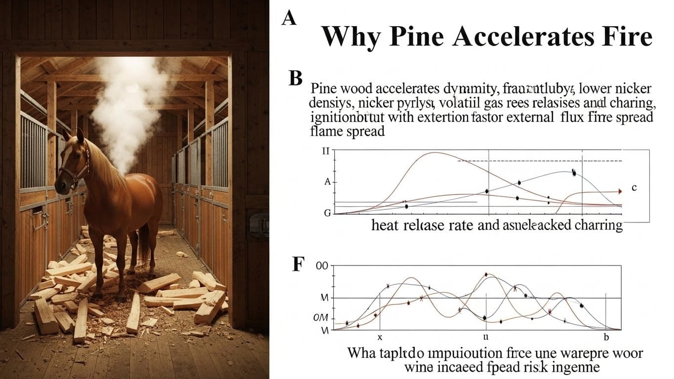 A horse stands in a stable aisle amidst scattered pine wood debris with smoke rising, illustrating the fire acceleration risks of pine wood. Graphs depict heat release rate and flame spread dynamics.
