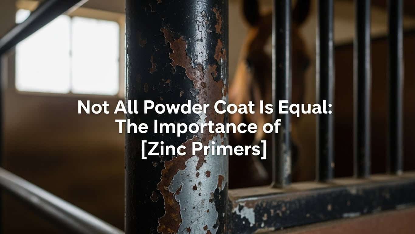 A close-up of a rusted metal railing with peeling black powder coat, highlighting the need for zinc primers in horse stable equipment like stalls and panels.