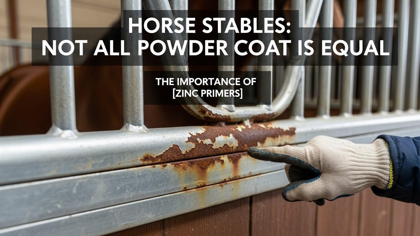 A gloved hand points to rust on a galvanized steel stable bar, highlighting the importance of quality powder coating and zinc primers for horse stall equipment.