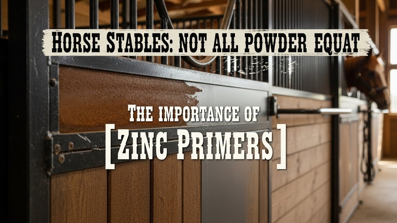 A close-up view of a horse stable with galvanized steel and powder-coated panels, highlighting the importance of zinc primers for durability. A horse is visible in the background.