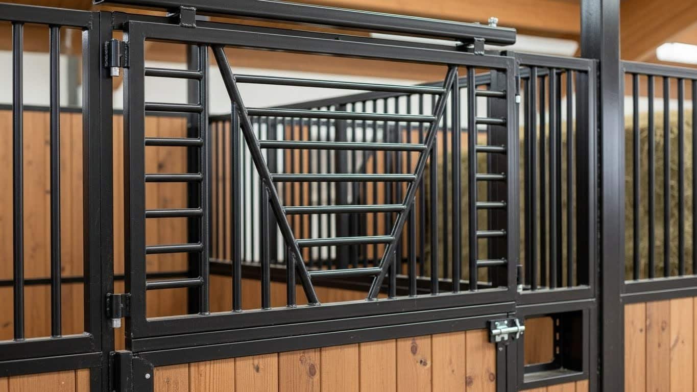 A close-up view of a galvanized steel stable gate with a V-shaped design, installed in a wooden horse stall interior.