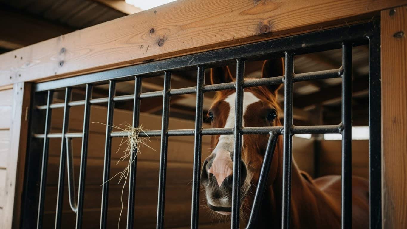 A brown and white horse peeks through the black metal bars of a wooden stable stall, with a tuft of hay hanging on one of the bars.