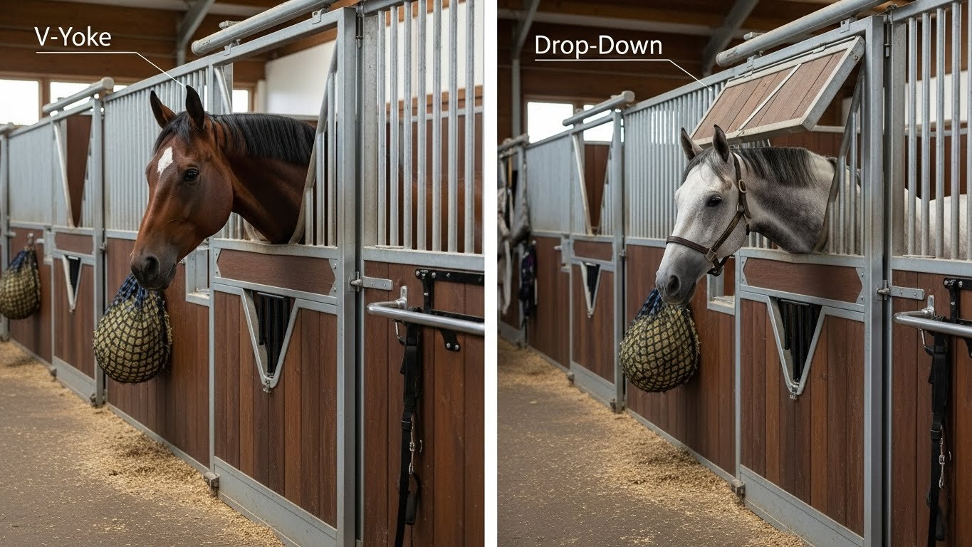 Two side-by-side images of horse stalls showcasing V-Yoke and Drop-Down stable panel designs, each with a horse feeding from a hay net attached to the stall.
