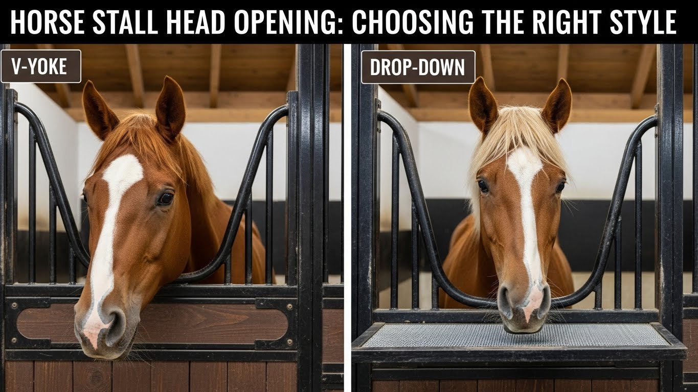 Two images of horse stall head openings showcasing a V-Yoke style on the left and a Drop-Down style on the right, with horses visible through the metal bars.
