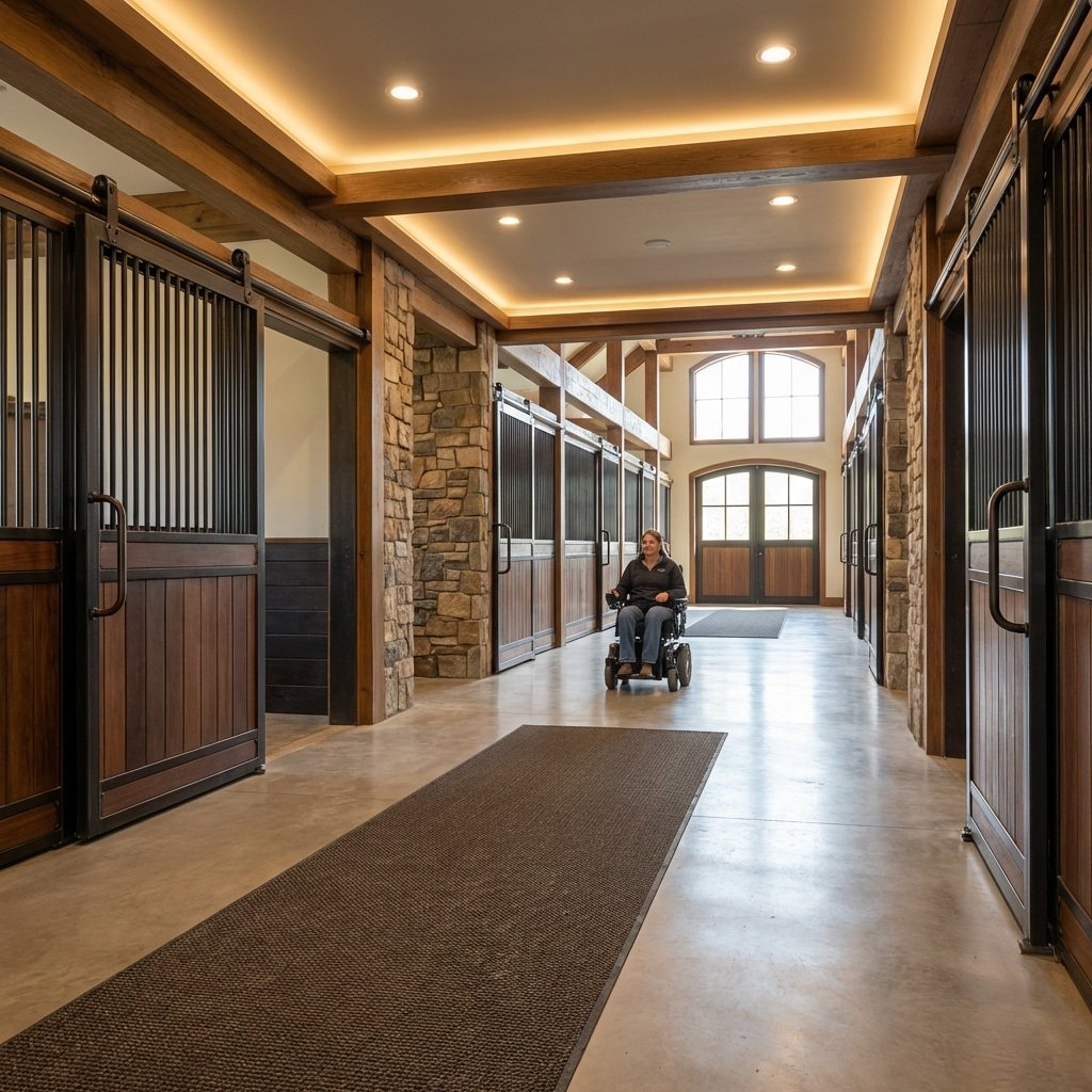Hyperrealistic product photography of a wide horse stable interior aisle, accessible design, sliding stall doors, smooth concrete floor, spacious corridor for wheelchair maneuverability, warm lighting, no text, no signage --ar 16:9