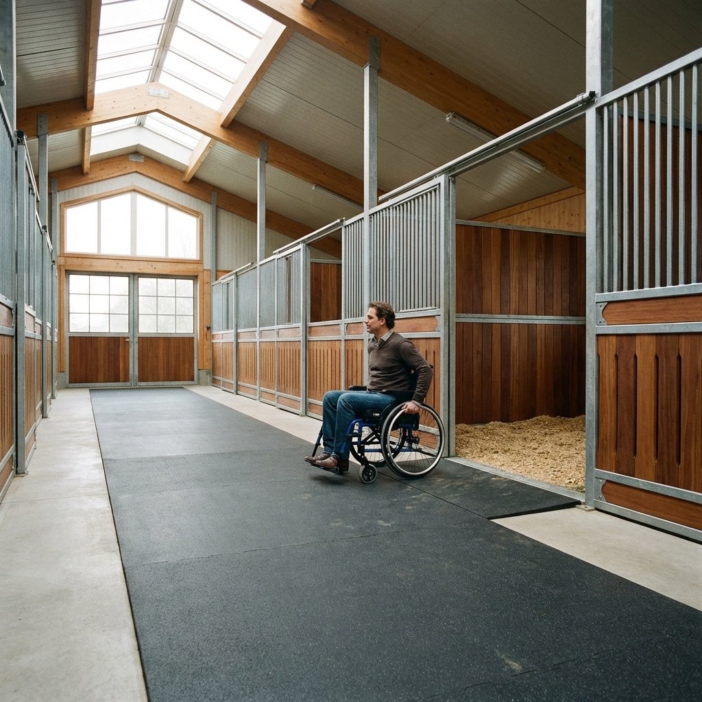 超写实产品摄影,无障碍马厩通道设计,宽敞过道,马厩入口低门槛,光滑安全面板,明亮自然光,适合轮椅通行,16:9 宽屏,无任何文字标识