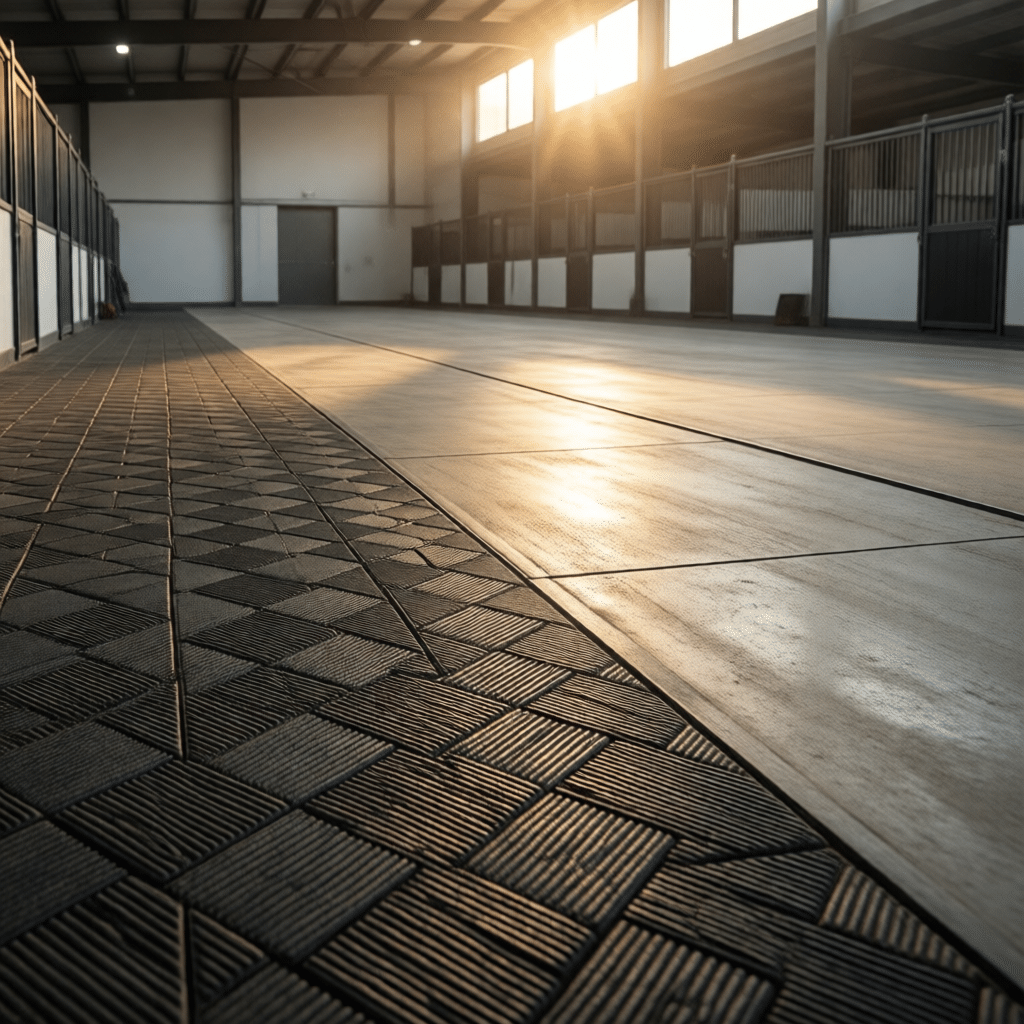 An indoor horse stable with a combination of textured and smooth flooring, featuring rows of stalls with galvanized steel panels and bright sunlight streaming through the windows.