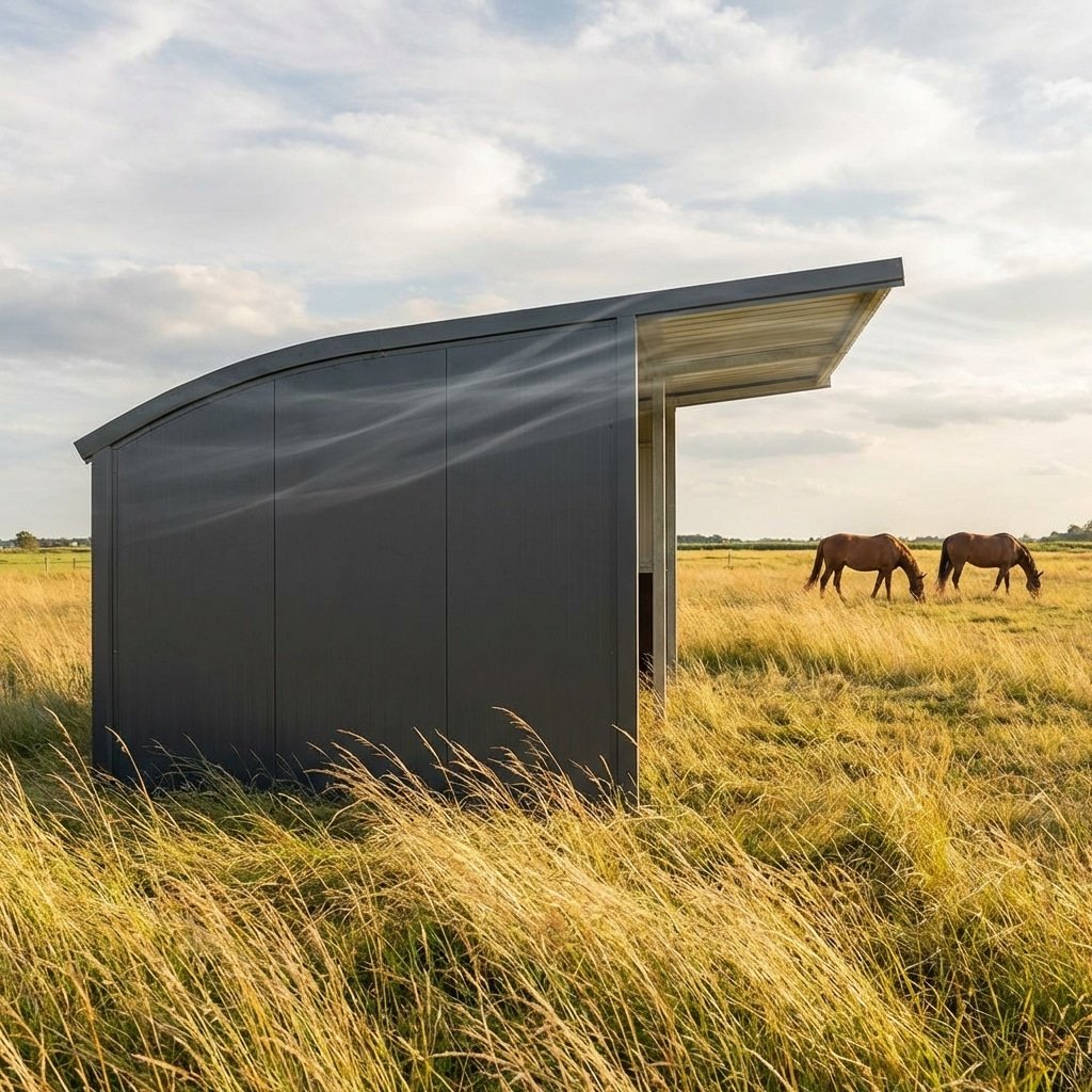 hyperrealistic product photography of an outdoor run-in horse shed, side profile showing aerodynamic sloped roof design deflecting wind, natural paddock environment, wind visualization through blowing grass, sturdy steel construction, horses grazing in background, soft natural lighting, 16:9 aspect ratio, no text, no letters, no signage --ar 16:9 --style raw --v 6.0 --no text