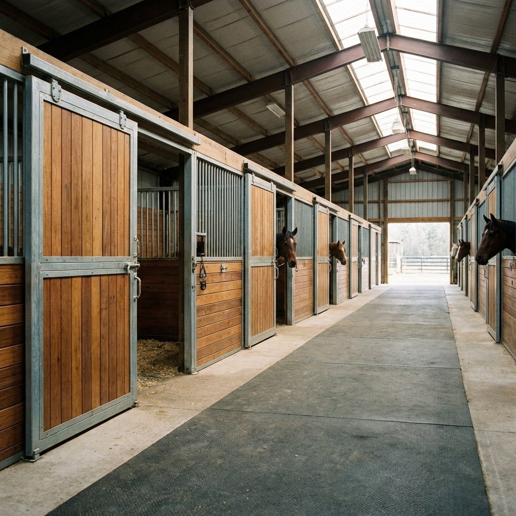 超写实产品摄影,马厩通道滑动门体验,多扇门开启关闭状态,最大化安全与流动,宽敞商业马厩内部,高天花板设计,16:9 宽屏,无任何文字标识