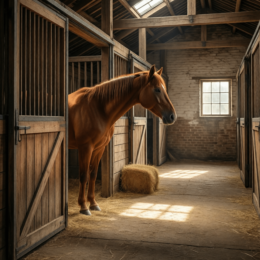 A brown horse stands in a wooden stable stall, with sunlight streaming through a window and casting shadows on the floor. The stable features brick walls and a hay bale nearby.