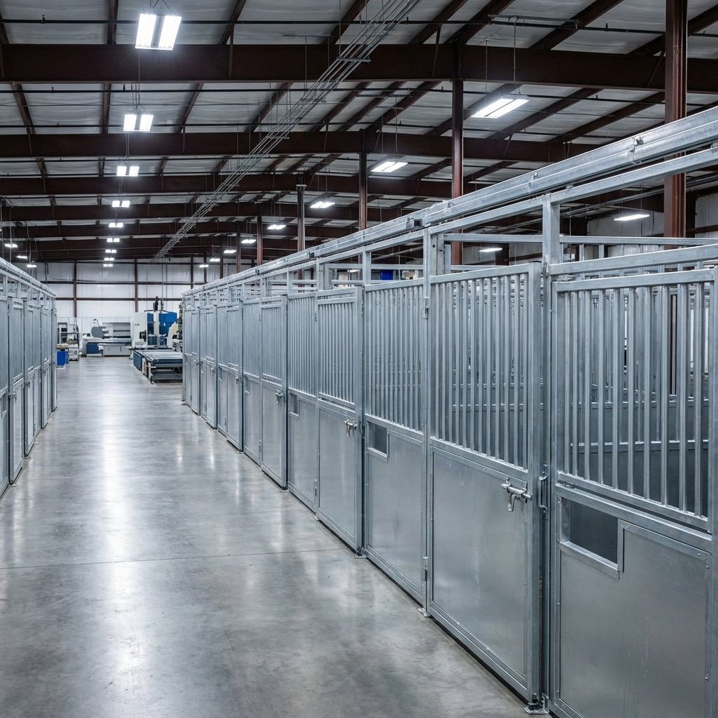 hyperrealistic product photography of a long corridor of identical horse stalls inside a manufacturing facility, perspective view down the aisle, uniform silver galvanized finish, industrial lighting, showcasing precision engineering and scale, no text, no signage, no letters --ar 16:9 --style raw --v 6.0