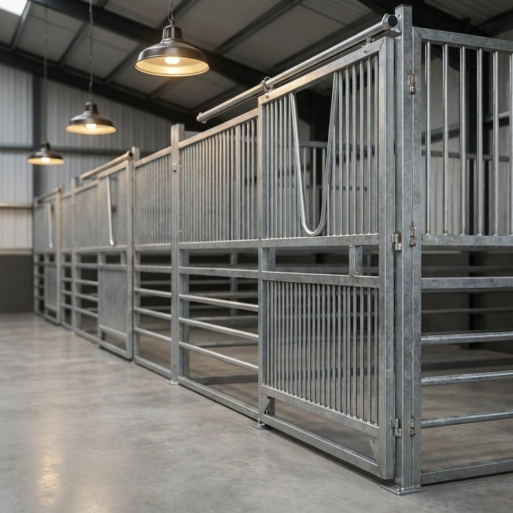 Hyperrealistic product photography of interior horse stalls row, galvanized steel bars, clean concrete floor, industrial barn lighting, focus on structural integrity and welding points, no people, depth of field, professional commercial photography --ar 16:9 --v 6.0 --no text, watermark, letters, signature