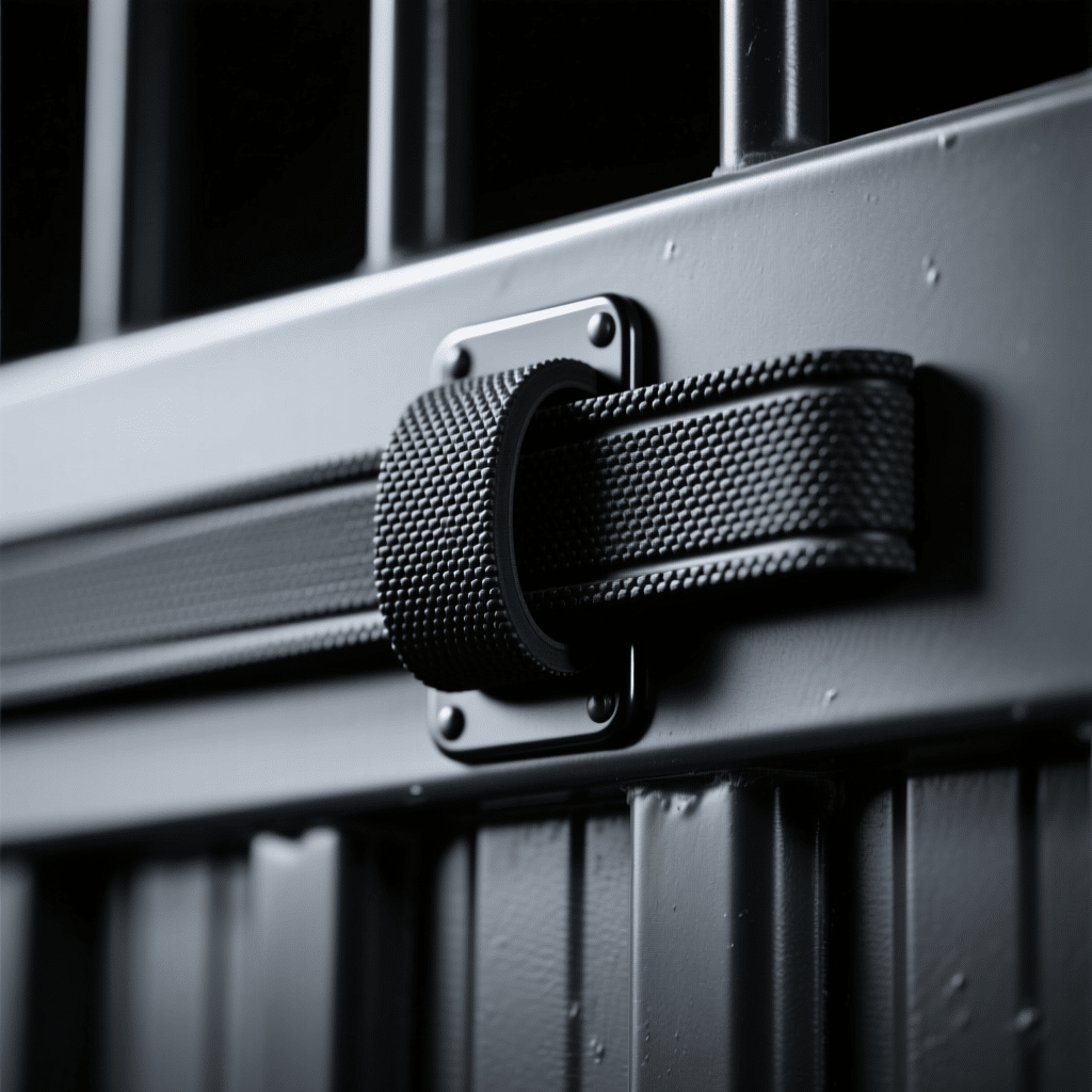 A close-up of a secure, textured latch mechanism on a galvanized steel stable panel, designed for horse stalls and related equipment.