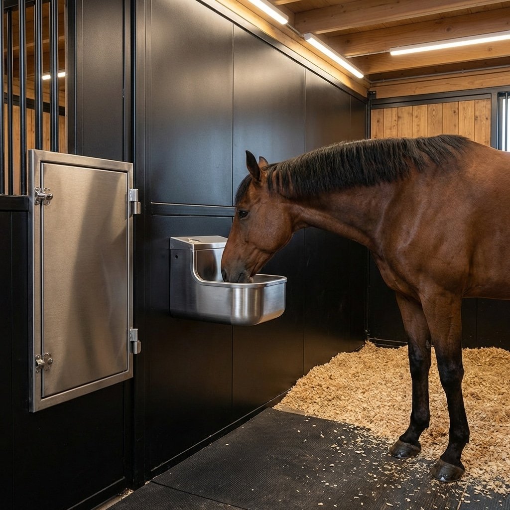 Hyperrealistic product photography of interior view of horse stall, automatic waterer mounted on matte black steel wall near hinged water door, horse drinking calmly, clean dry floor, professional barn lighting, --ar 16:9 --no text --no letters --no signage
