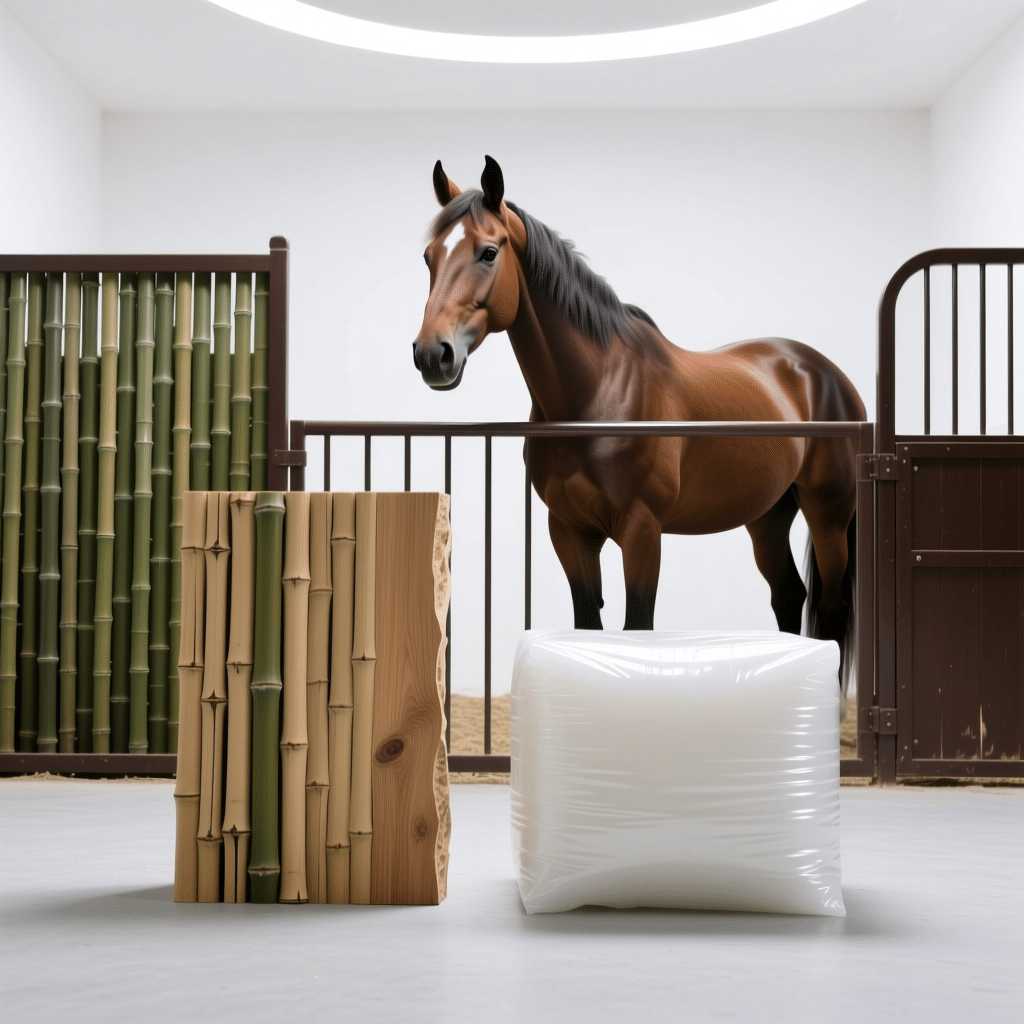 A brown horse stands in a modern stable with galvanized steel fencing, accompanied by bamboo-style panels and a wrapped equipment bundle, showcasing high-quality horse stall solutions.