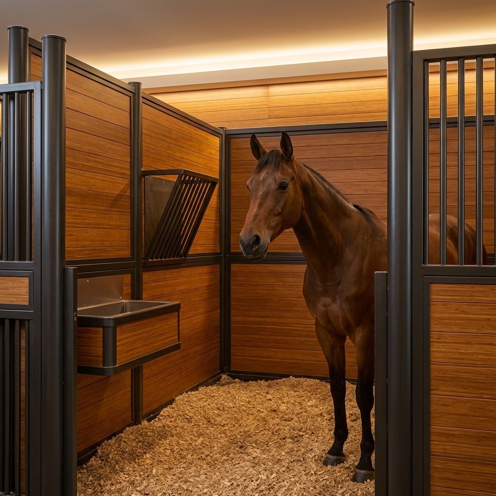 A well-lit horse stall featuring wooden panels, a metal feeder, and a comfortable wood shavings floor, showcasing high-quality stable equipment.