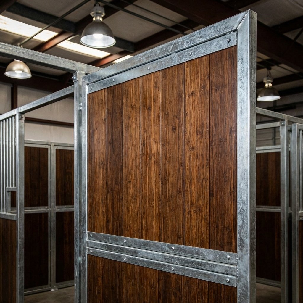 A close-up view of galvanized steel horse stall panels with wooden infill, showcasing durable and stylish stable equipment in a well-lit indoor setting.