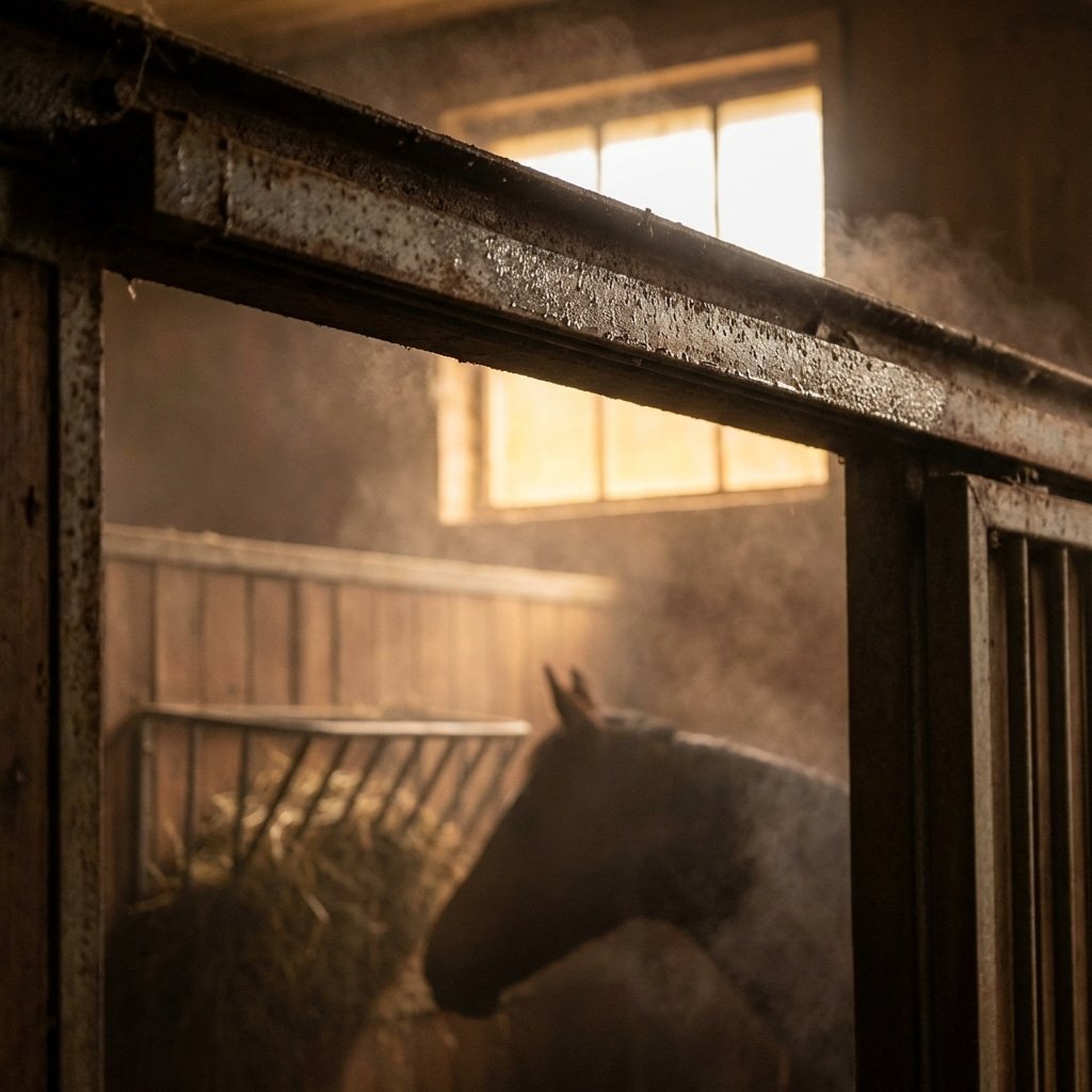 hyperrealistic product photography interior view of horse stable, close-up of steel roof beam with water condensation droplets, warm humid air meeting cold metal, horse silhouette in background, moody atmospheric lighting, no text, no signage, no letters --ar 16:9