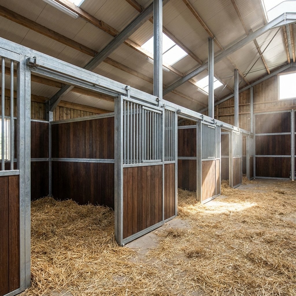 hyperrealistic product photography interior view of BHS compliant horse stalls, spacious layout 3.65m width, Q345B steel sliding door track system visible, clean straw bedding, natural light streaming through top ventilation, 16:9 aspect ratio, no text, no signage, no letters, no typography --ar 16:9 --style raw --v 6.0