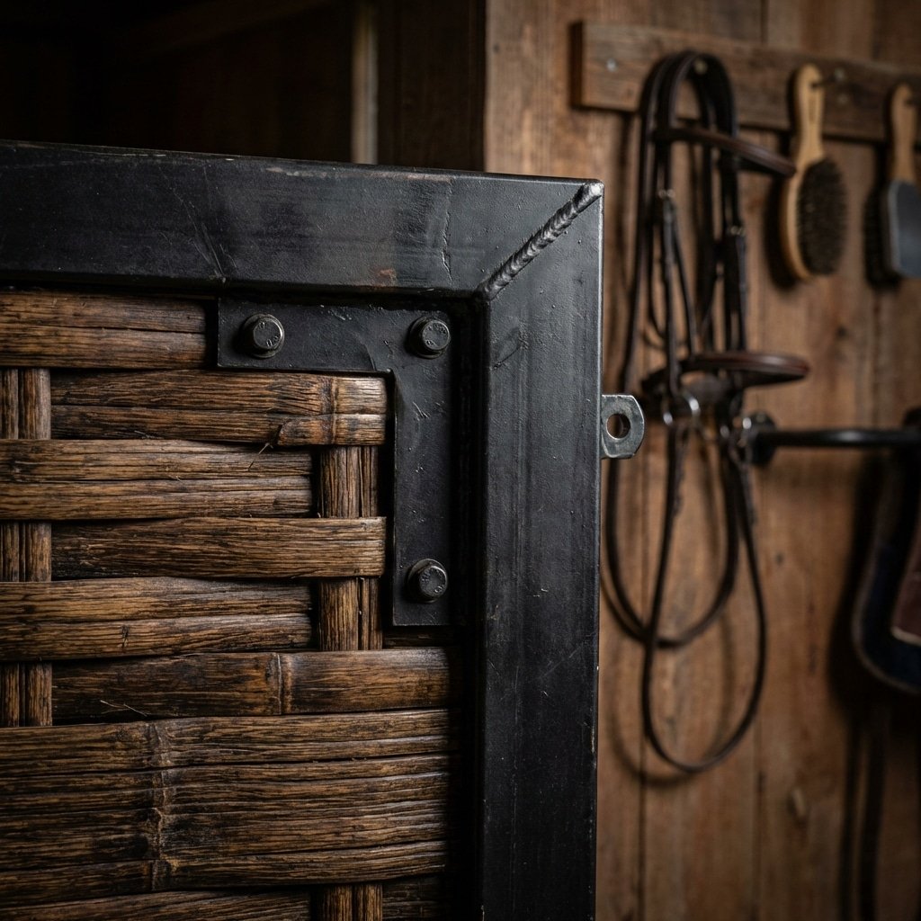 hyperrealistic product photography, close-up detail of heavy-duty horse stall door construction, strand-woven bamboo infill texture, thick black steel frame corner joint, showing massive material density, studio lighting on product details, equestrian equipment context, --ar 16:9 --no text, letters, words