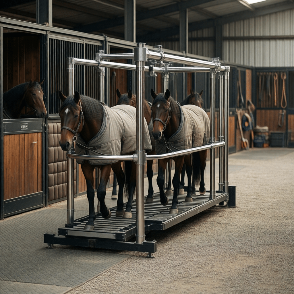 hyperrealistic product photography of an automated horse walker system installed within a premium horse stable environment, horses exercising safely near horse stalls, integrated infrastructure, professional training yard setting, robust steel construction, soft focus background showing stable boxes, seamless blend of equipment and stable architecture, --ar 16:9 --no text