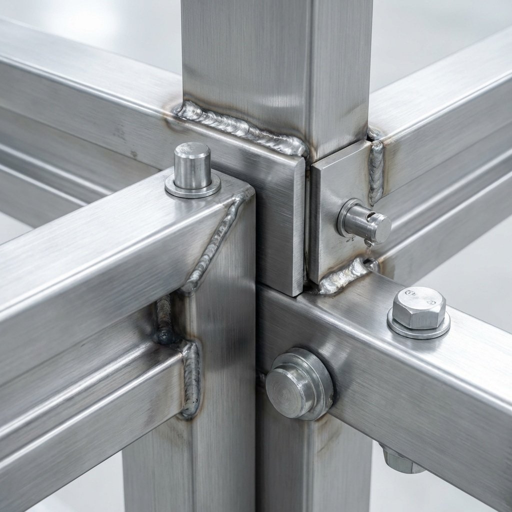 Close-up of galvanized steel components in a horse stable structure, featuring welded joints and bolted connections for durability.