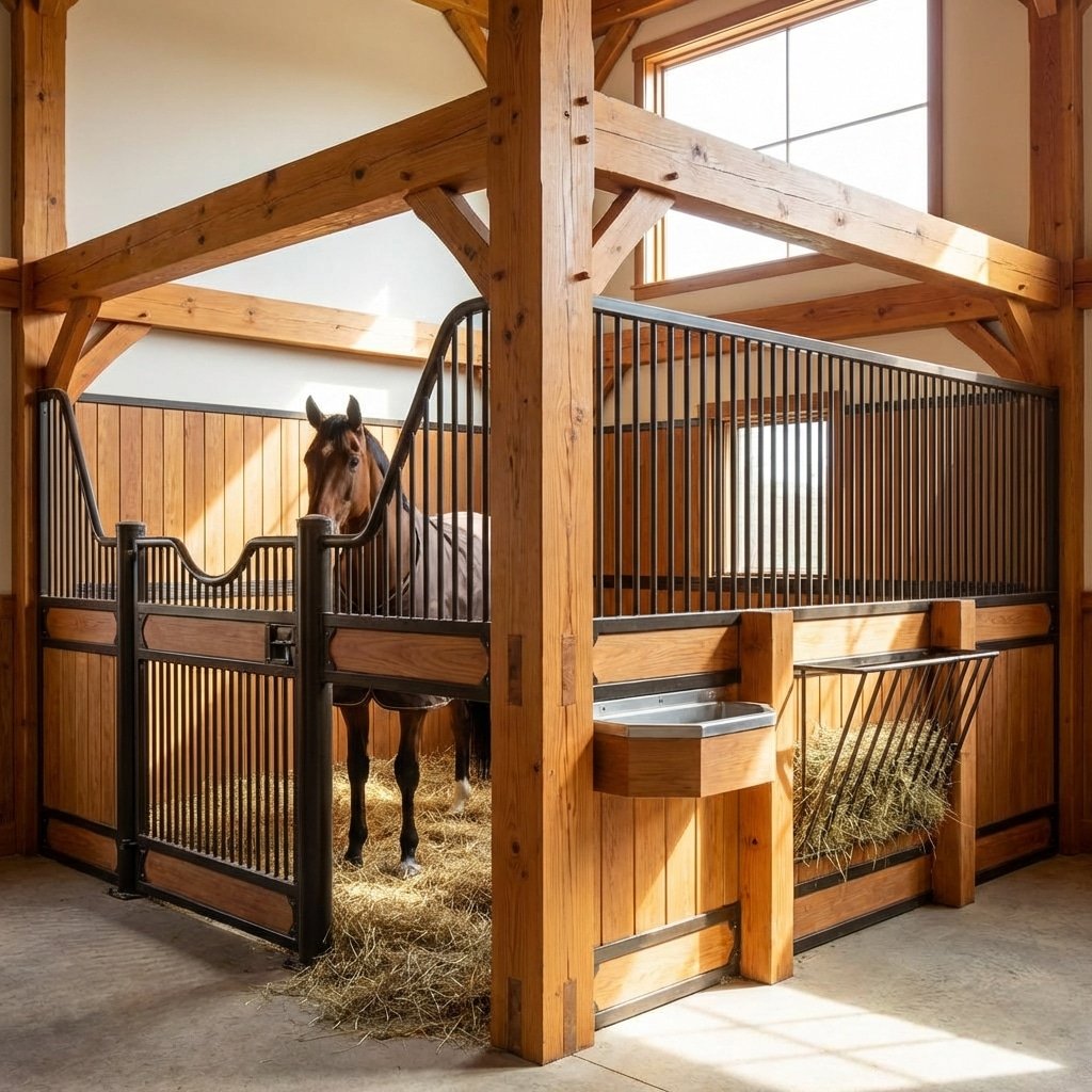A well-lit horse stable featuring a wooden stall with galvanized steel railings, a hay rack filled with hay, and a metal feeder, housing a brown horse standing on straw bedding.