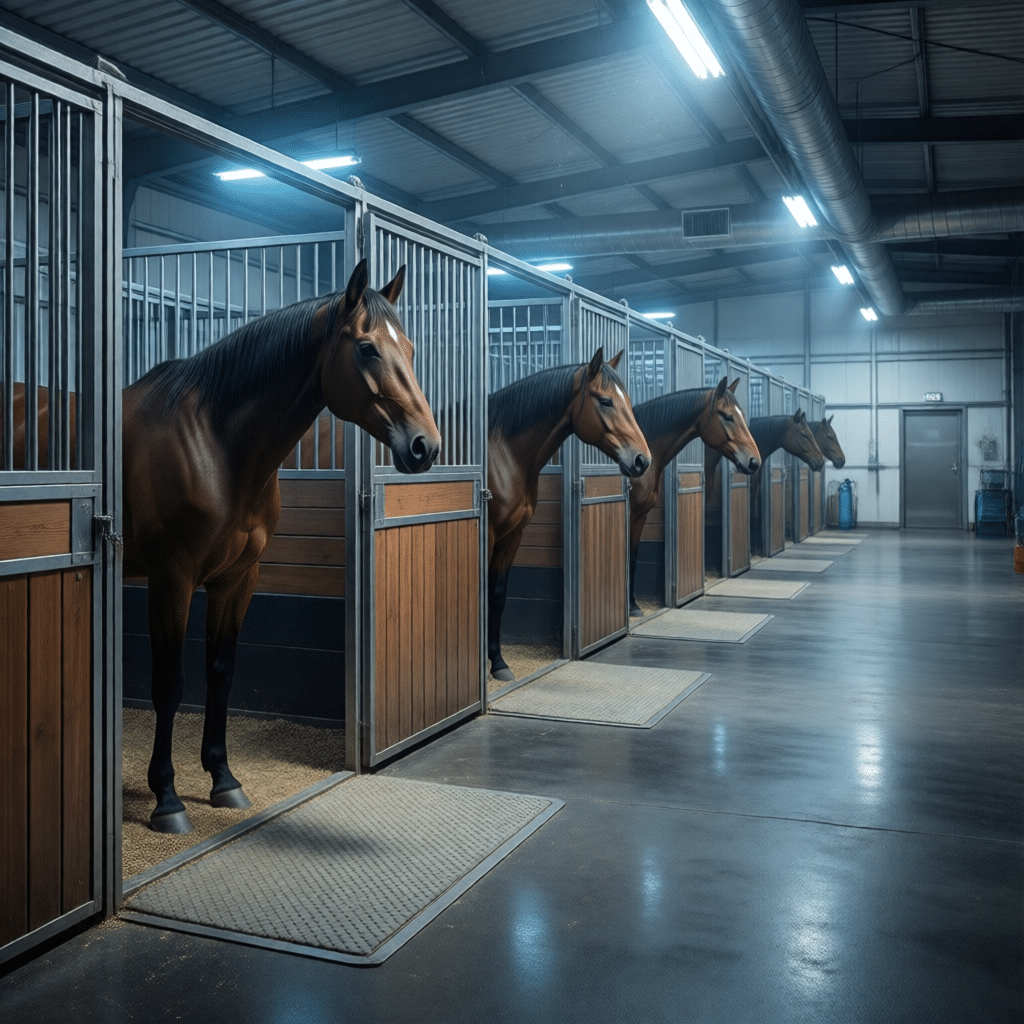 Modern Horse Stalls & Stable Equipment Solutions A row of modern horse stalls with brown horses standing in each, featuring galvanized steel and powder-coated stable panels, set in a well-lit indoor stable environment.