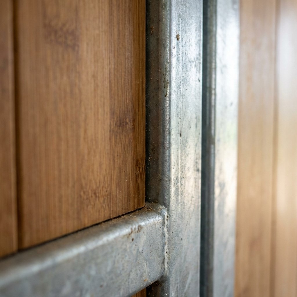 Close-up view of a galvanized steel stable panel frame with wooden slats, showcasing durable construction for horse stalls and related equipment.