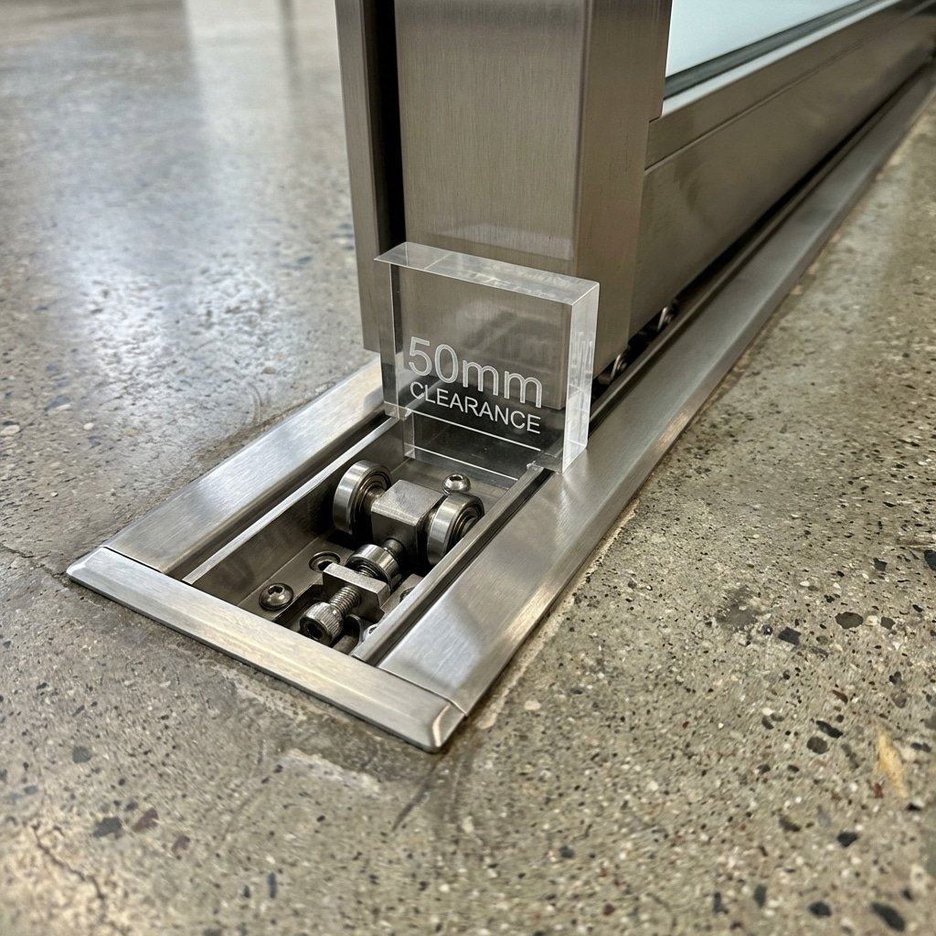 hyperrealistic product photography, low angle shot of sliding door bottom guide track, 304 stainless steel, zero-threshold design, concrete floor, 50mm clearance visualization, mechanical detail, no text, no warnings --ar 3:4 --v 6.0