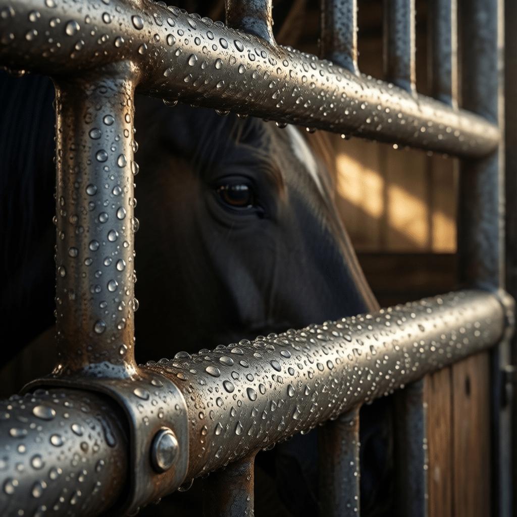 hyperrealistic product photography macro close-up of hot-dipped galvanized steel horse stall bars and hinges showing rust-proof durability water droplets beading on metal surface a dark bay horse eye visible in the background inside the stable dramatic cinematic lighting highlighting material strength 16:9 --no text letters words signage