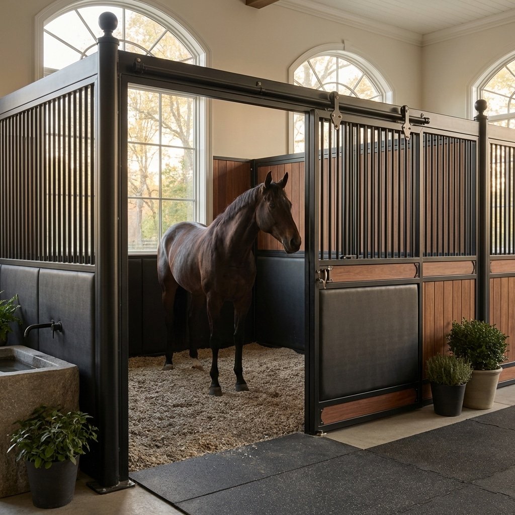 hyperrealistic product photography of interior luxury horse stalls, a thoroughbred horse standing calmly inside, kick-proof safety design, dual finish matte powder coat over galvanization, spa resort ambiance, soft natural light streaming through windows, no text, 16:9 aspect ratio --ar 16:9 --style raw --v 6.0 --no text