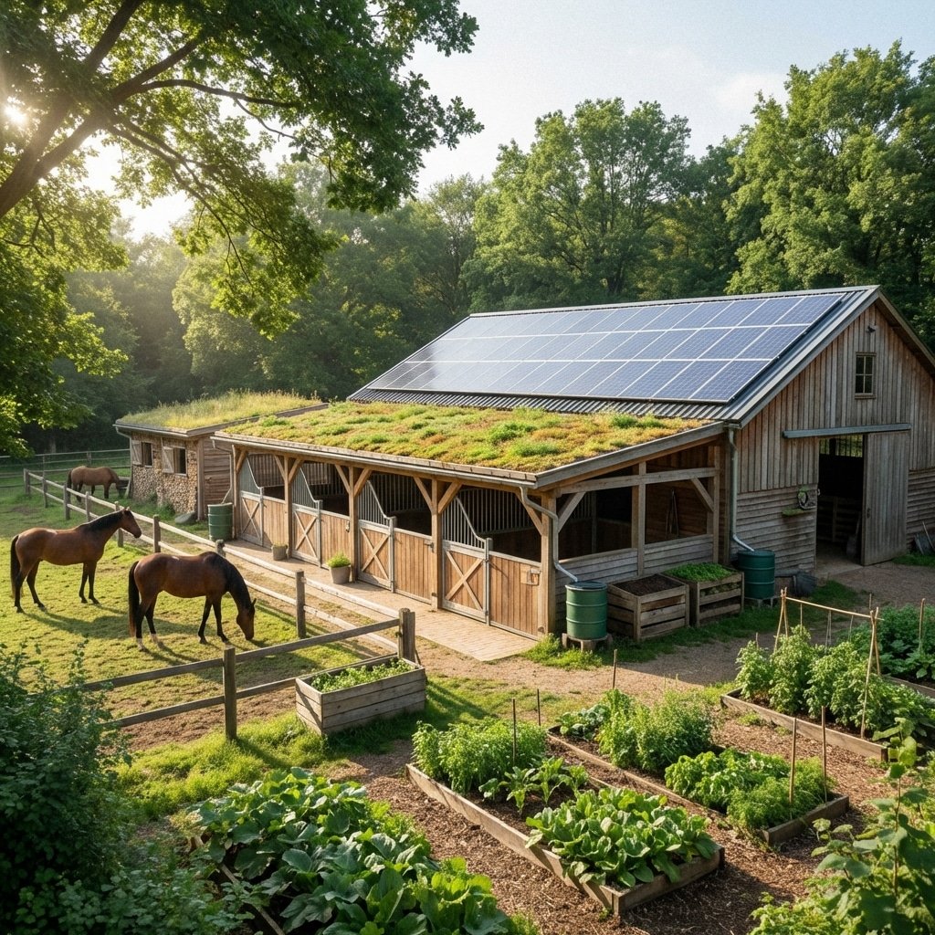 A serene horse stable complex featuring wooden stalls with green roofs, solar panels on the main building, and horses grazing in a fenced pasture surrounded by lush trees and vegetable gardens.