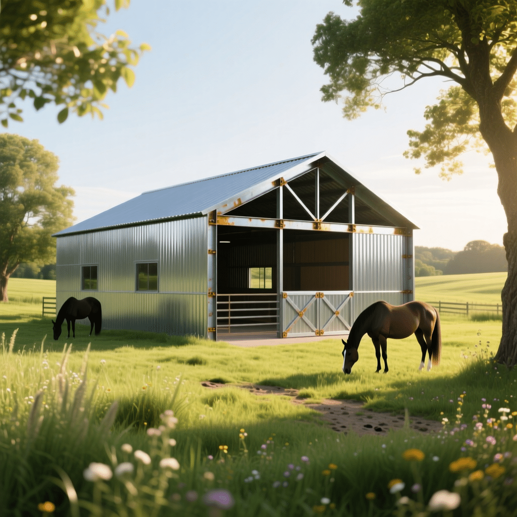 A serene farm scene featuring a modern galvanized steel horse stable with open doors, surrounded by lush green fields and grazing horses under a bright sky.