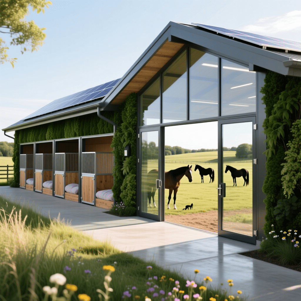 A contemporary horse stable featuring large glass doors, solar panels on the roof, and lush greenery. Inside, several horses are visible in their stalls, while others graze in the open field outside.